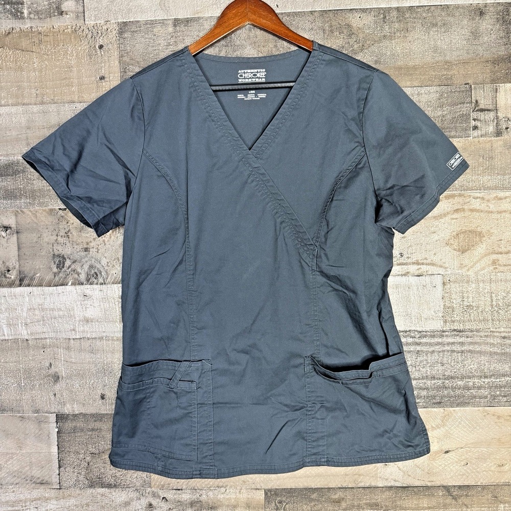 Cherokee Workwear‎ Core Stretch Pockets Scrub Top Women's Size L Gray Medical